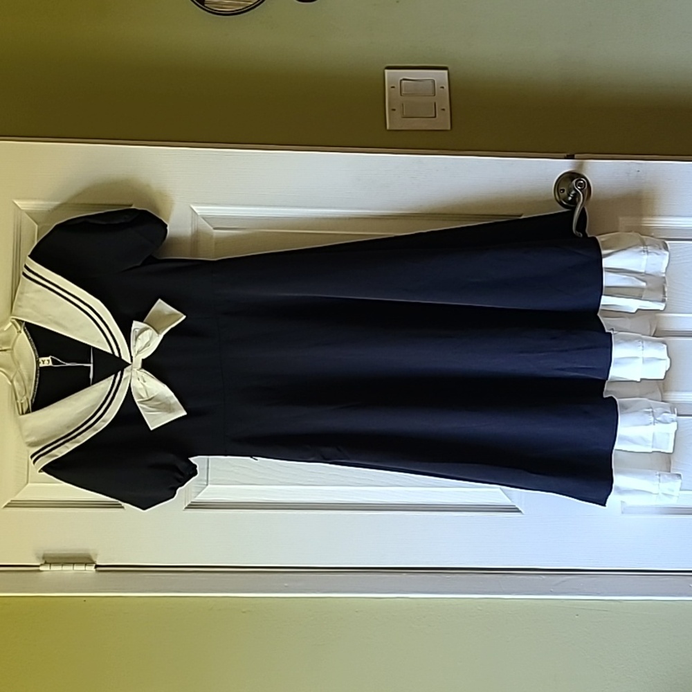 Blue Midi Sundress with Sailor Collar and Short Sleeves
